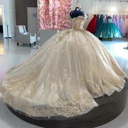 ANGELSBRIDEP Amazing Gold Ball Gown Quinceanera Dresses Mexican Off the shoulder with Sleeve Applique Sweet 15 Dress Customized