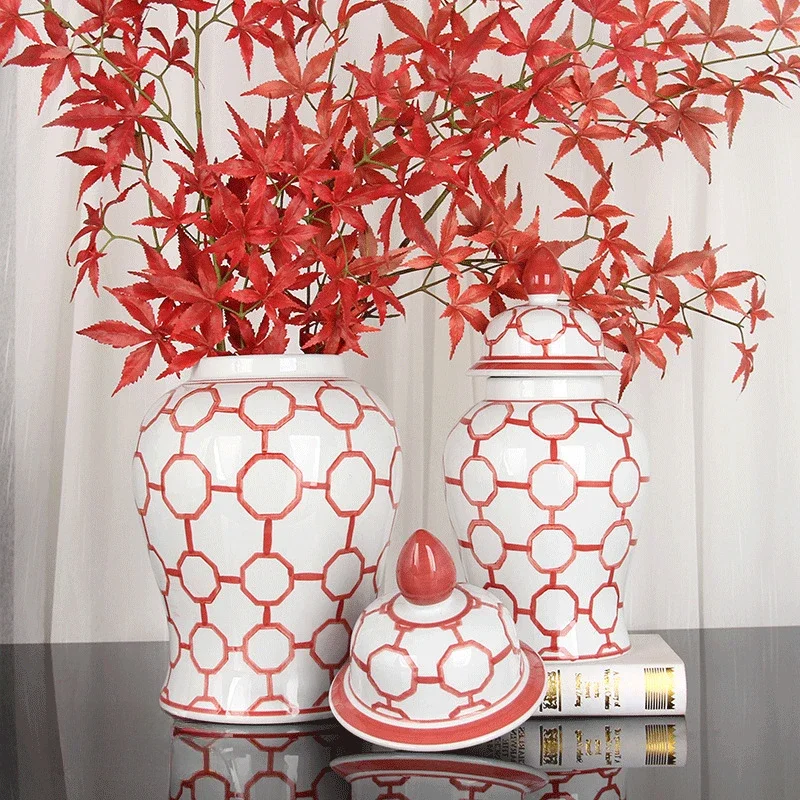 Ceramic Checkmate Jar Red Gingerbread Jar Flower Vase Porcelain Ornament Chinese Handicraft Home Decoration Accessories