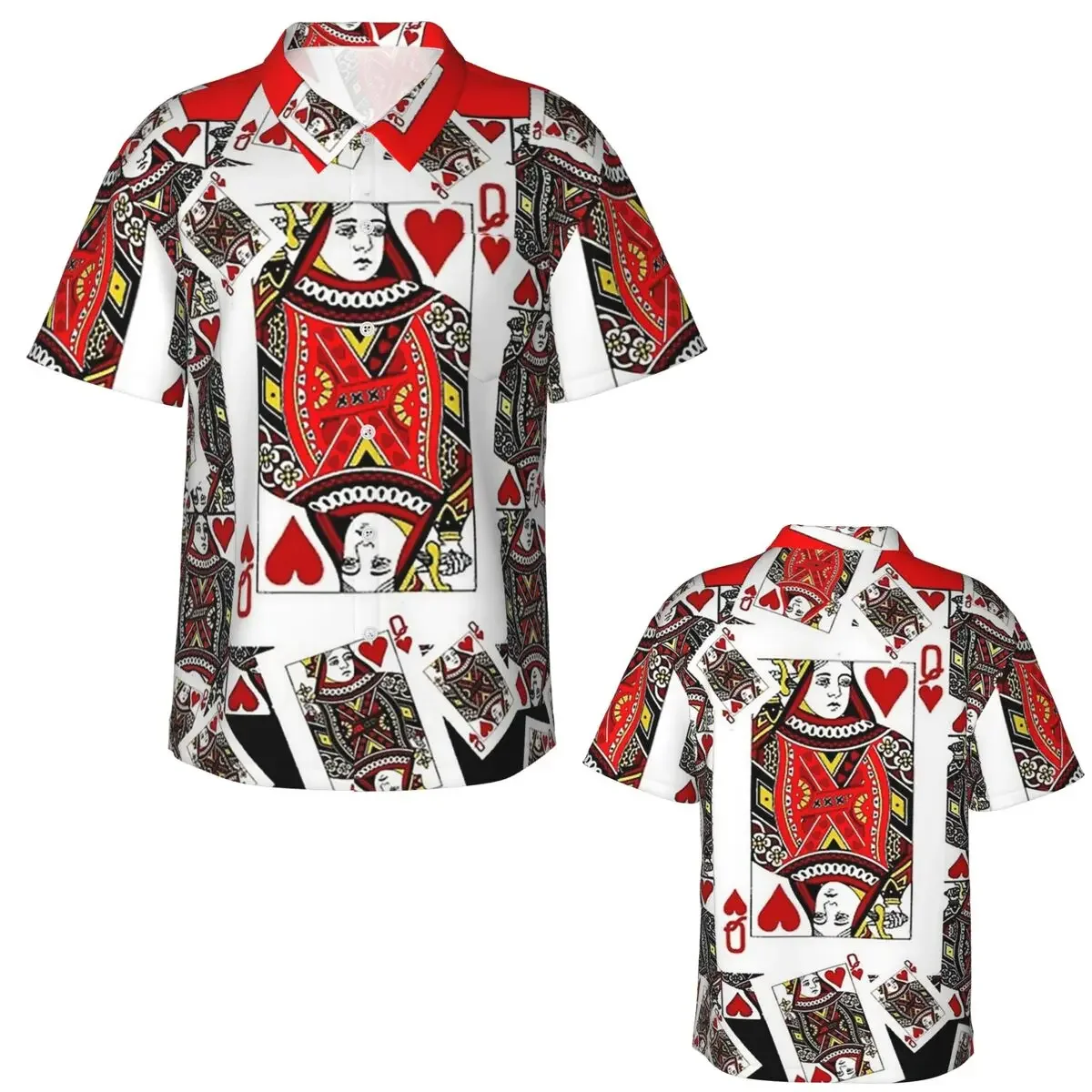 Casino Nights Red Queen Of Hearts Hawaiian Shirts Fashion Men Short Sleeve Shirt for Summer Beach Men's Lapel Tops