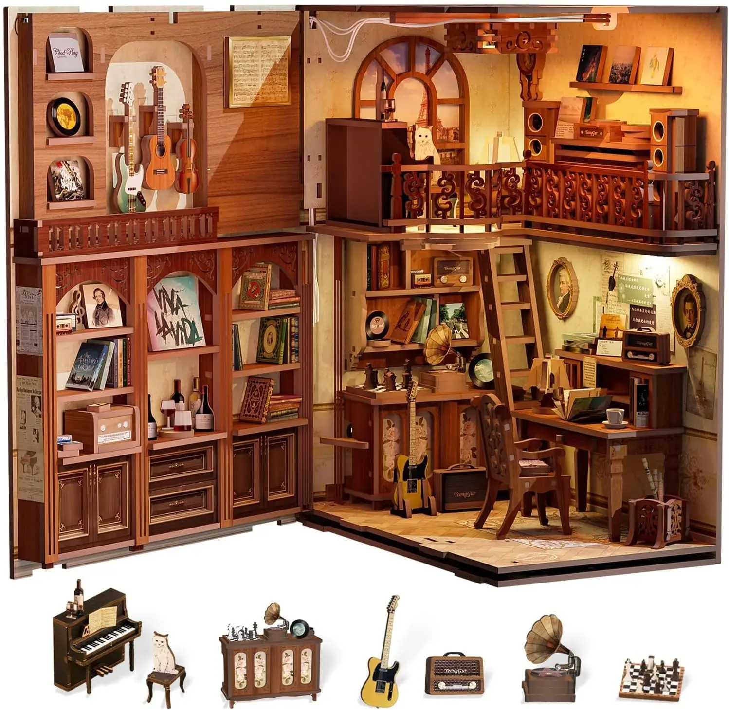Book Nook Kit, DIY Miniature Dollhouse Booknook for Adults | 3D Wooden Puzzle Bookend Bookshelf Insert Decor with LED Light, Gif