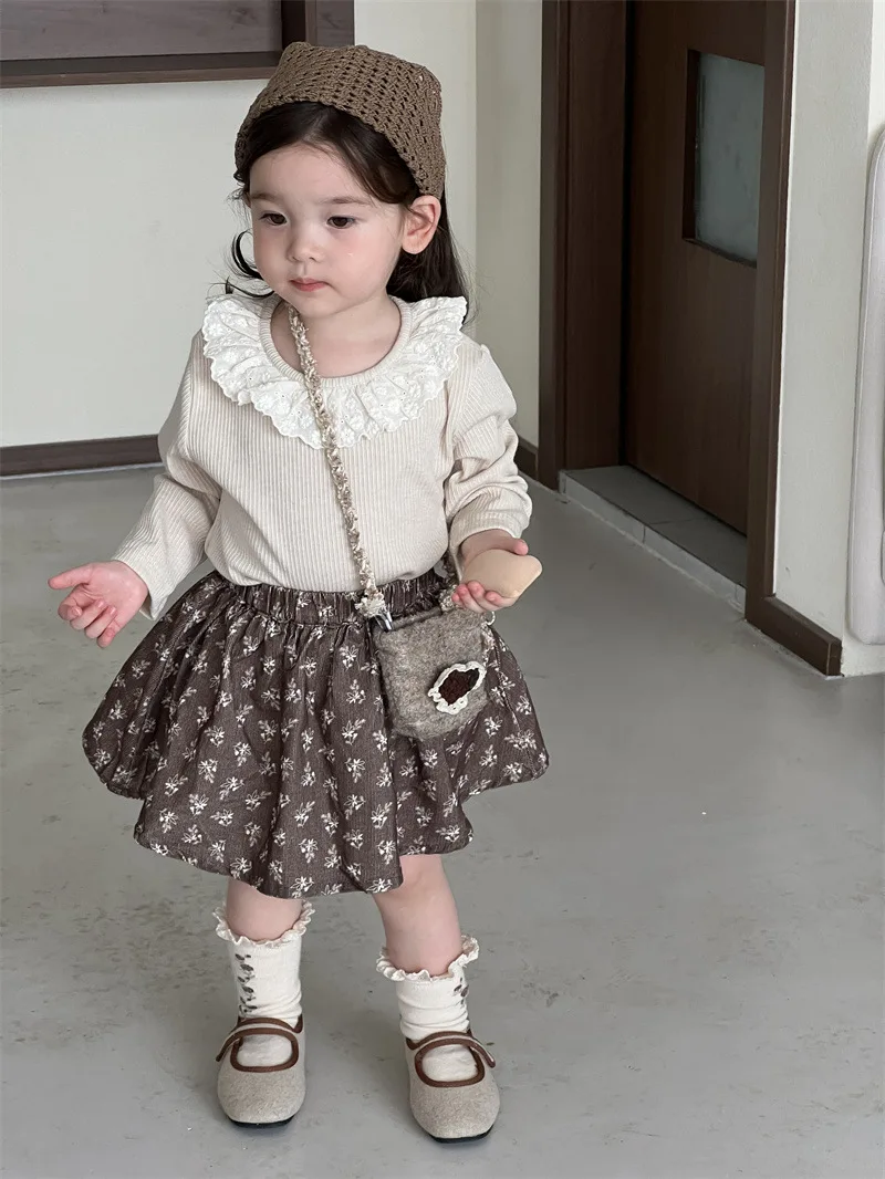 2024 Autumn New Baby Girl Long Sleeve T Shirts Infant Toddler Solid Cute Lace Collar Tops Cotton Girls Versatile Bottoming Shirt