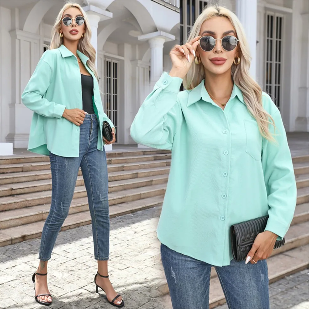 

Office Lady Solid Color Cardigan Shirt 2025 Spring And Autumn Casual Lapel Long Sleeved Blouse Women's Loose Top Femme Blusas