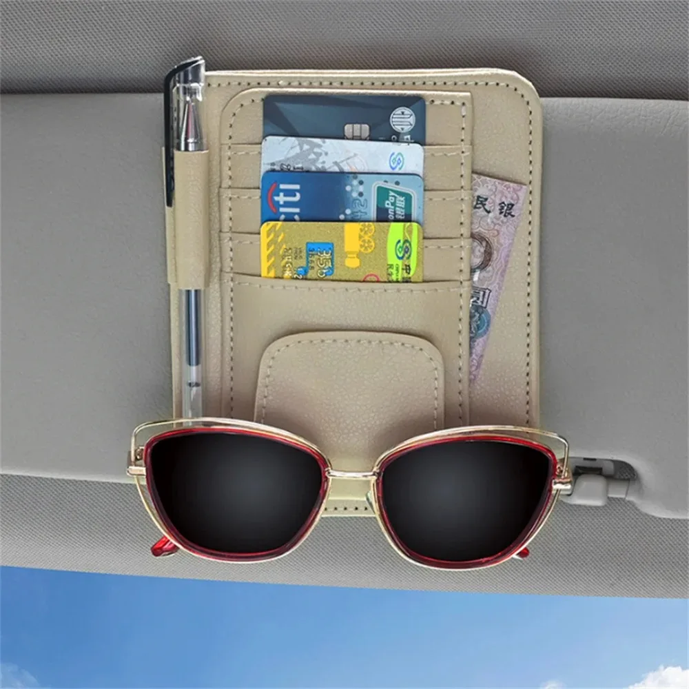 Car Sun Visor Organizer Multi-Pocket Leather Glasses Clip Holder Auto Sunshade Card IC Sunglasses Storage Bag Pen Holder