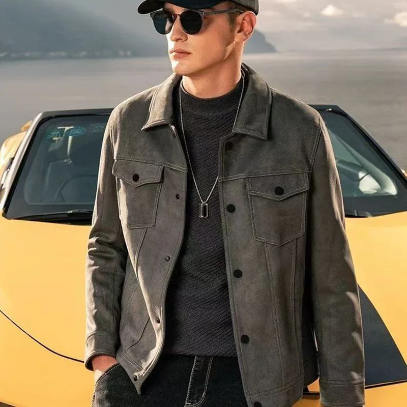 Men's Vintage Leather Turn Lapel Jacket Boys Streetwear Comfortable Long Sleeve Cardigan Coat