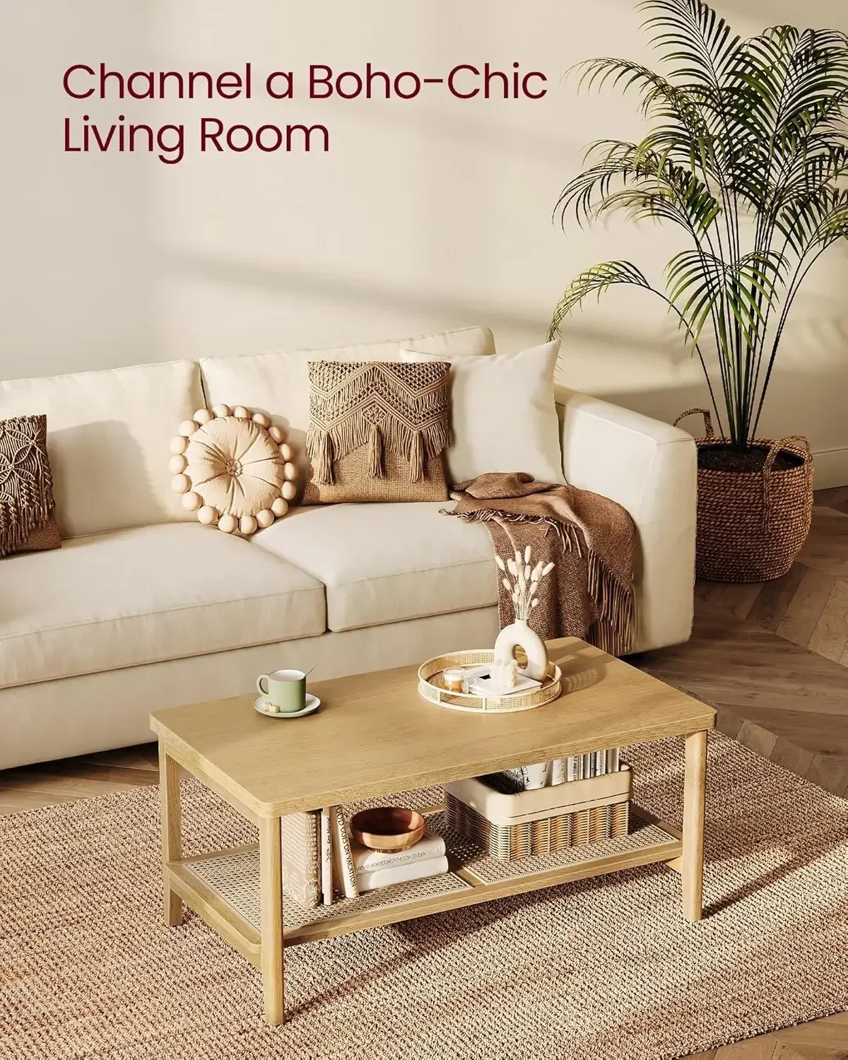 

Rounded Corners，2-Tier Coffee Table for Living Room, Living Room Table Rectangular Center Table, with PVC Rattan Storage Shelf
