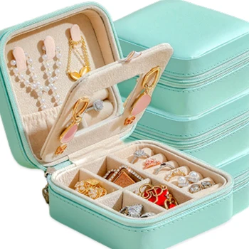 Mini Boîte de Rangement Portable en Cuir pour Bijoux, Étui de Voyage pour Boucles d'Oreilles, Collier, Bague