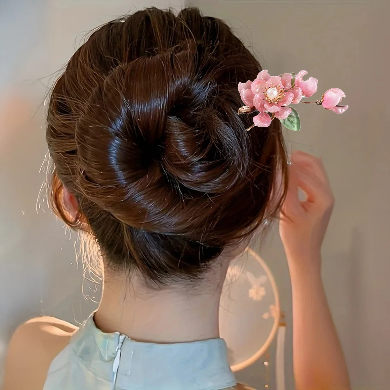 1개 복숭아꽃 머리핀 새로운 중국 스타일 핑크 꽃무늬 헤어 클립 진주 크리스탈 합금 머리 장식 한복 코스프레용