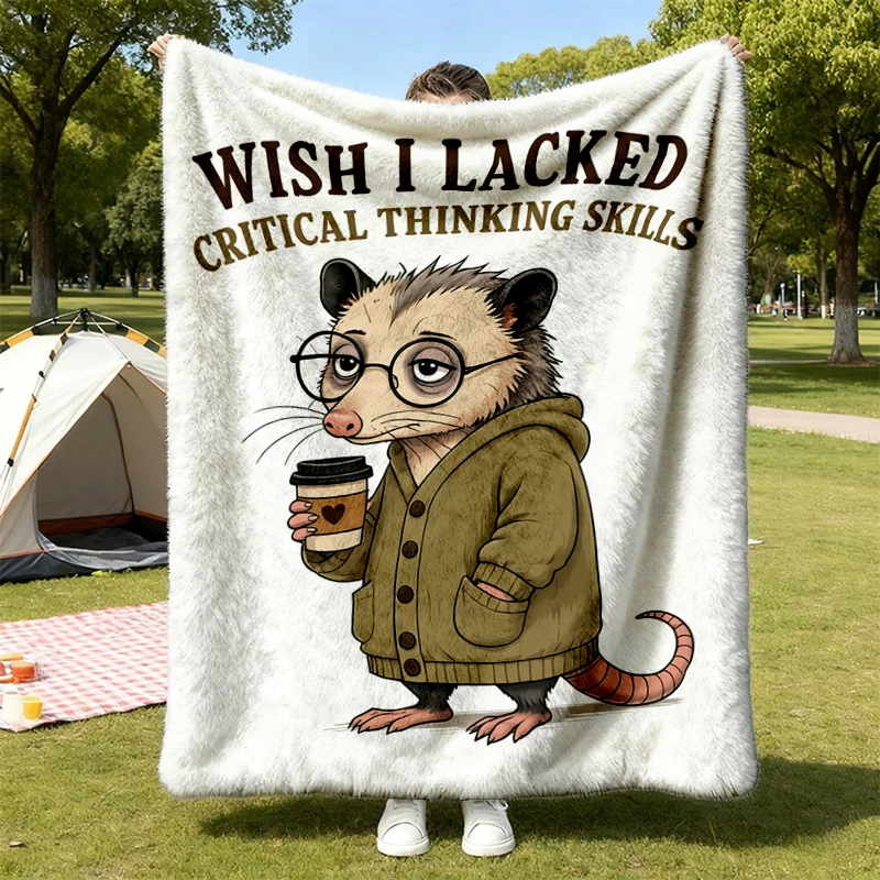Funny Opossum Coffee Flannel Blanket, Critical Thinking Humor Graphic Flannel Throw