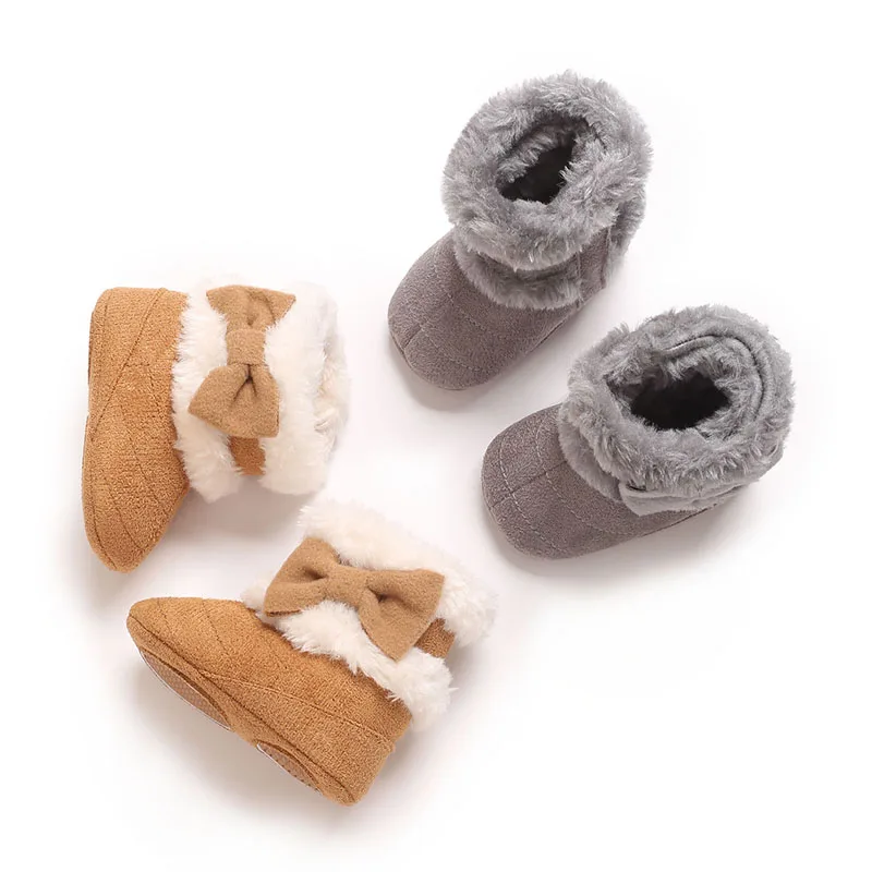 Winter Plush Baby Shoes Cotton Boots With Bow Decoration Soft Sole Anti Slip Plush Warm 0-18M Baby Snow Boots