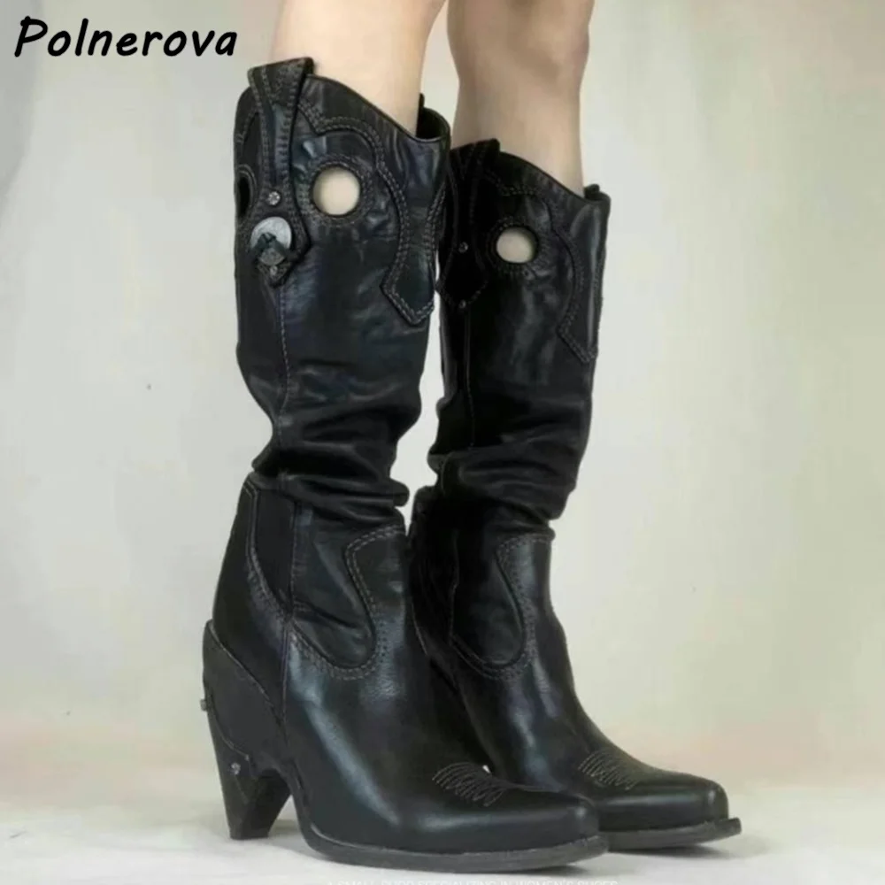 

Полые черные сапоги до колена с шитьем, кожаные сапоги на каблуке-копыте, коричневая пикантная женская обувь без шнуровки с вышивкой, зимняя плиссированная обувь для девочек-ковбоев