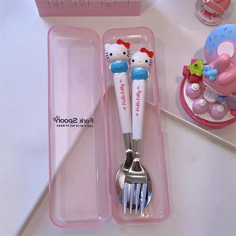 New Sanrio Hello Kitty Kuromi My Melody Cinnamoroll Purin Cute Spoon and Fork Student Independent Tableware Cartoon Storage Box