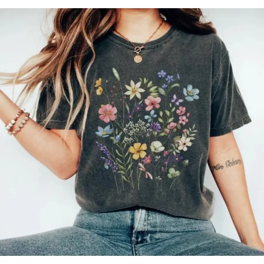 Womens Vintage Graphic Flowers T-Shirts Teen Girls Cute Sunflower Trendy Clothes Casual Tee Tops