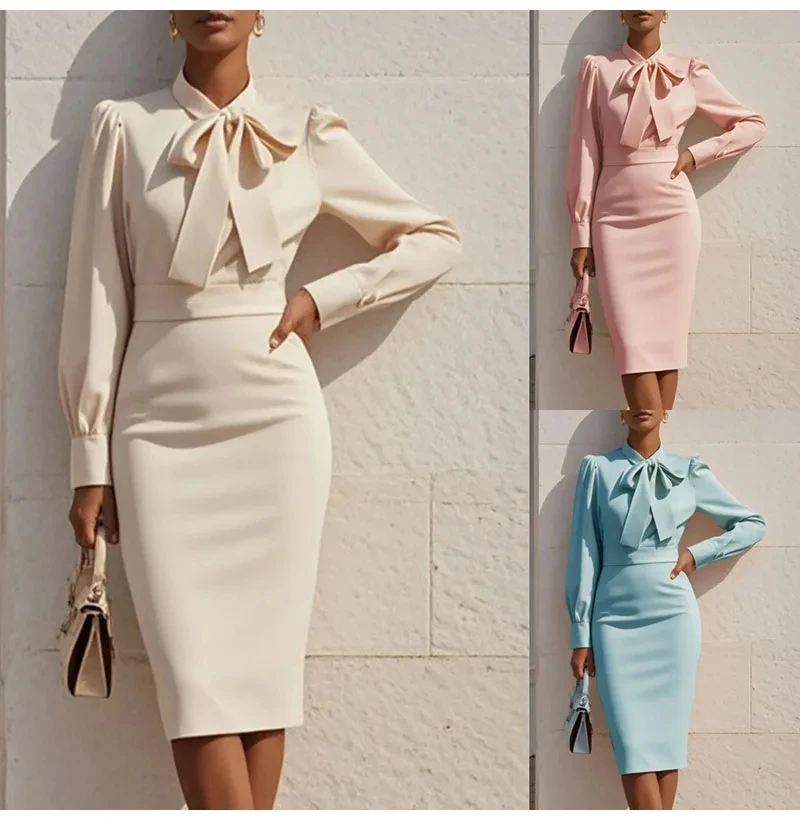

Elegant Slim Party Dresses For Women 2026 Fall Long Sleeve Bow Solid Color O-neck Midi Dress Casual dresses for woman