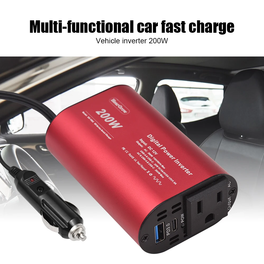 200W Power Inverter 12V to 110V AC Car Plug Adapter Phone Laptop Cigarette Lighter Outlet Converter with USB Type-C Car Charger