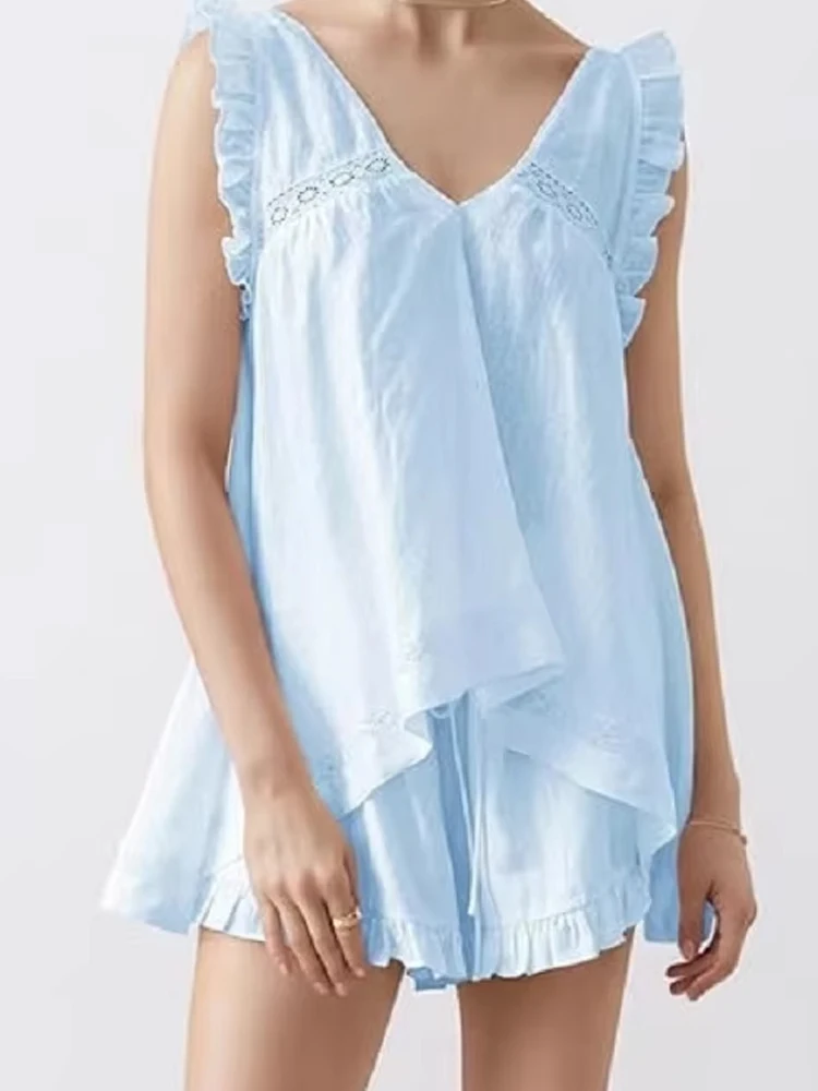

Women's Fashion Lace-up Hollow Solid 2Pc Suit Elegant Ruffled Loose Pajamas Set Sexy V-neck Sleeveless Vest & Short Pant Outfits