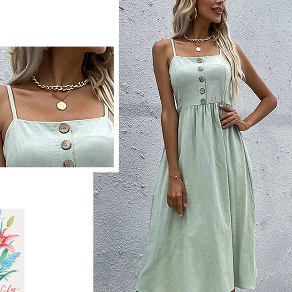 Women Summer Beach Style Dress Spaghetti Strap A Line Dress Ladies Casual Party Sling Dresses Solid Color Birthday Holiday Dress