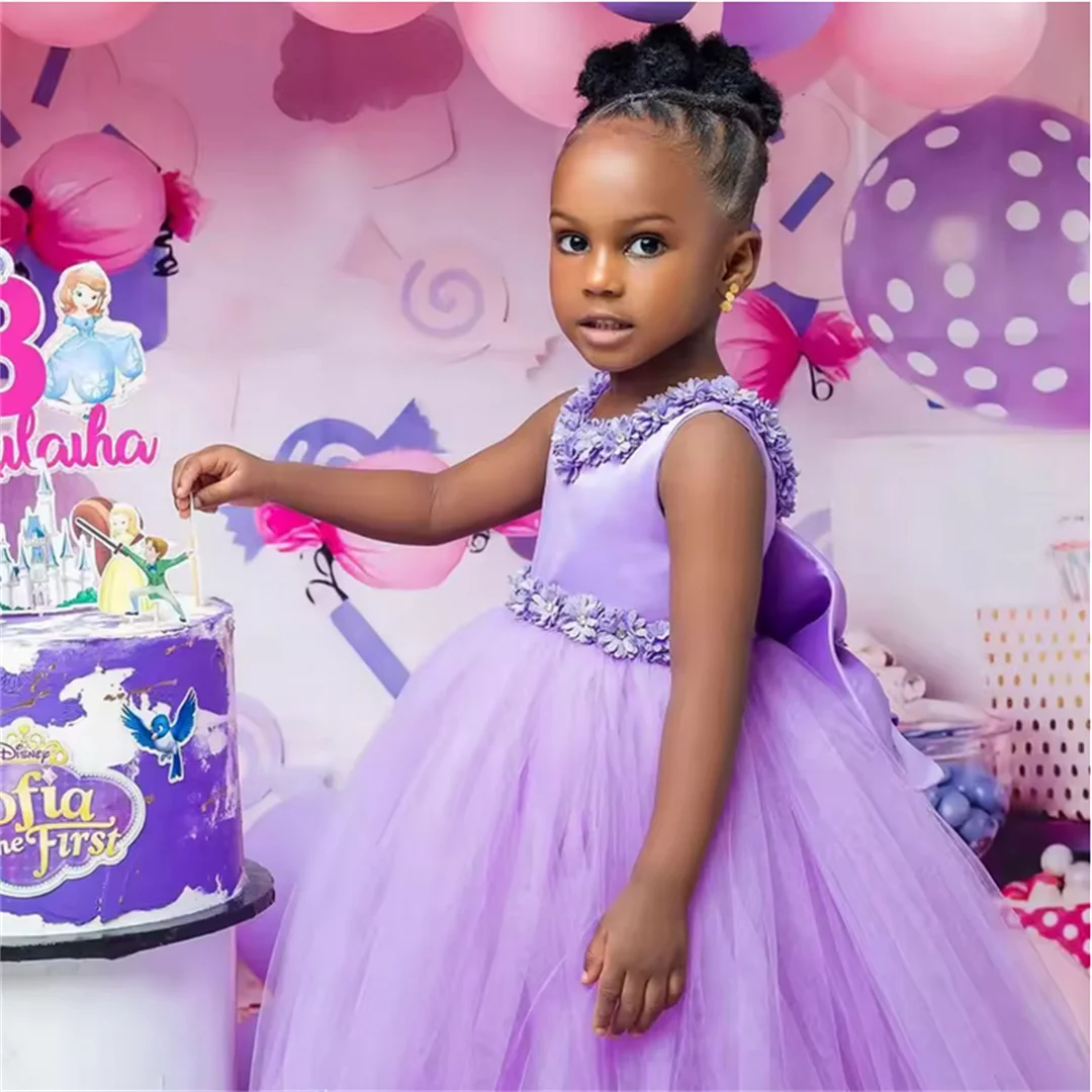 Vestidos de niña de flores de lavanda personalizados para boda, vestidos florales de satén sin mangas para niños, vestidos de cumpleaños para bebés, vestidos de primera comunión