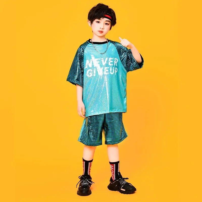 Boys Girls Sequin Sport Short Sleeve T-shirt Shorts Skirt Sets Kids Hip Hop Suit Children Stage Performance Tracksuit