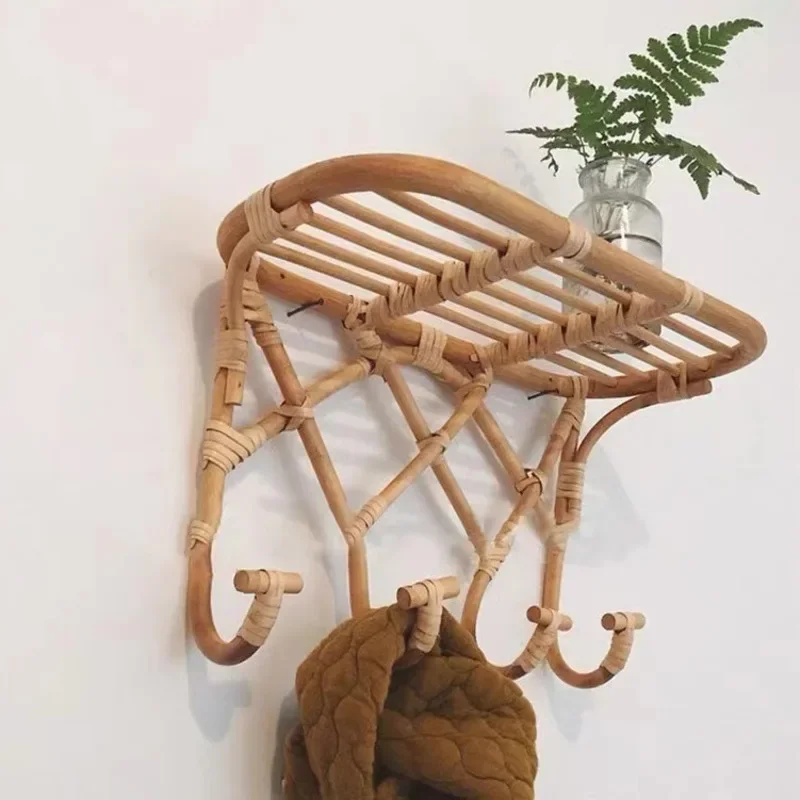 Nordic Multi-functional Clothes Rack Solid Wood Rattan Wall Hook Household Living Room Ins Wind Wall Decoration Storage Rack