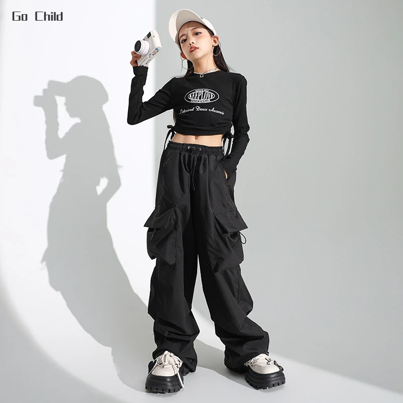 Girls Hip Hop Crop Top Loose Cargo Pants Clothes Sets Children Street Dance Solid Sweatshirt Kids Streetwear Jazz Stage Costumes