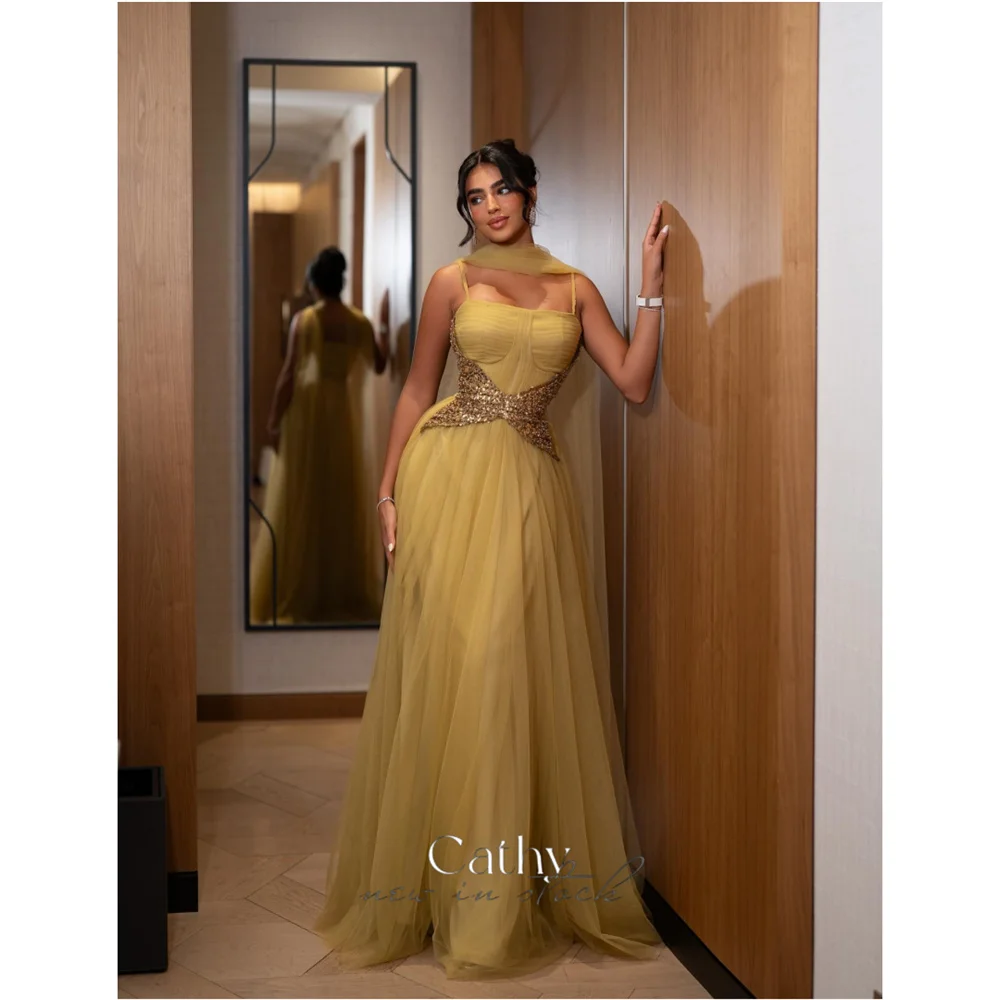

Cathy Customized Mustard Yellow Sequins Spaghetti Strap Prom Dress A-line vestidos de noiva Zip Back Floor-length Formal Evening