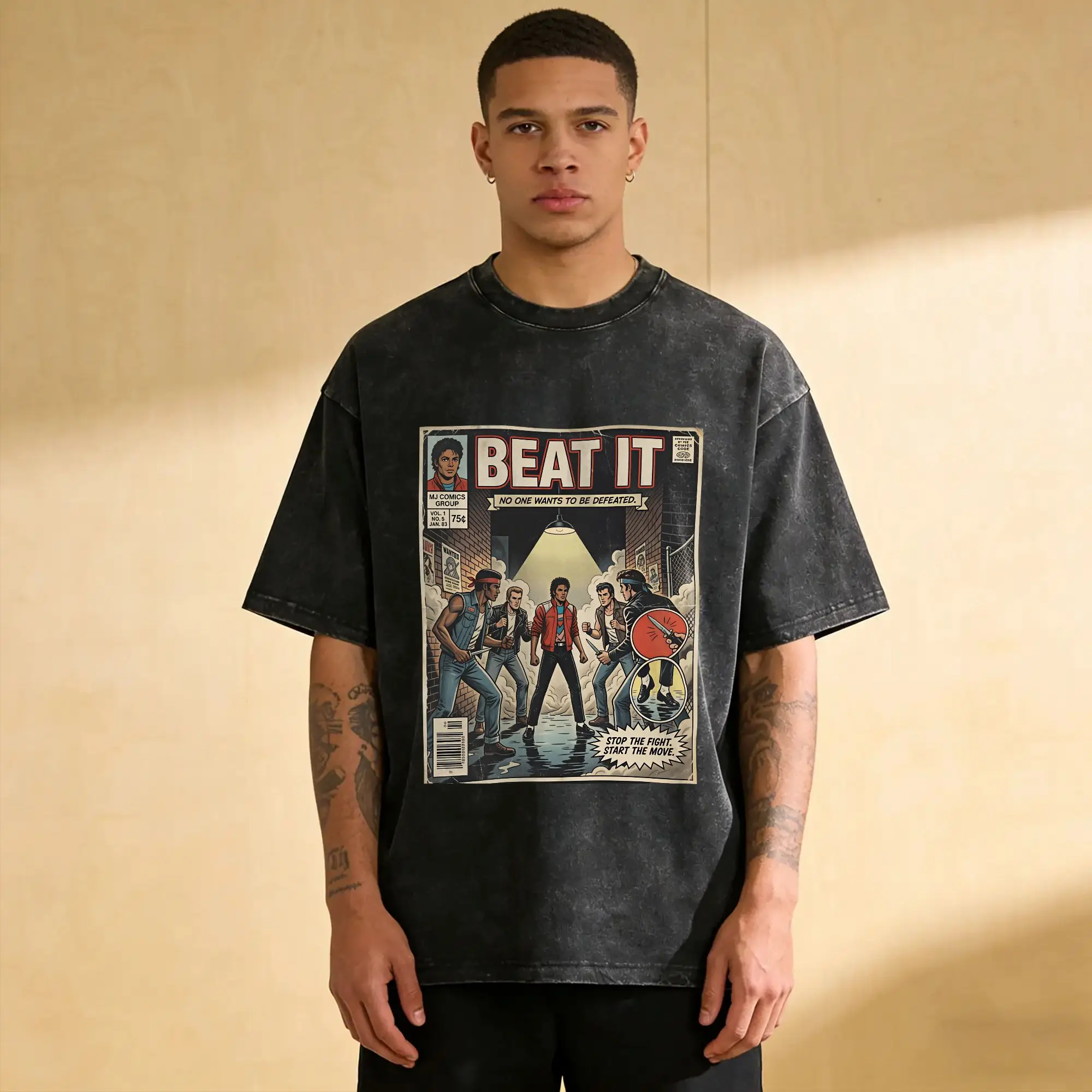 Men Women T Shirt Mj Beat It Comic Washed T Shirts Leisure  Summer Tees Streetwear Printed Cotton Tops New Arrival