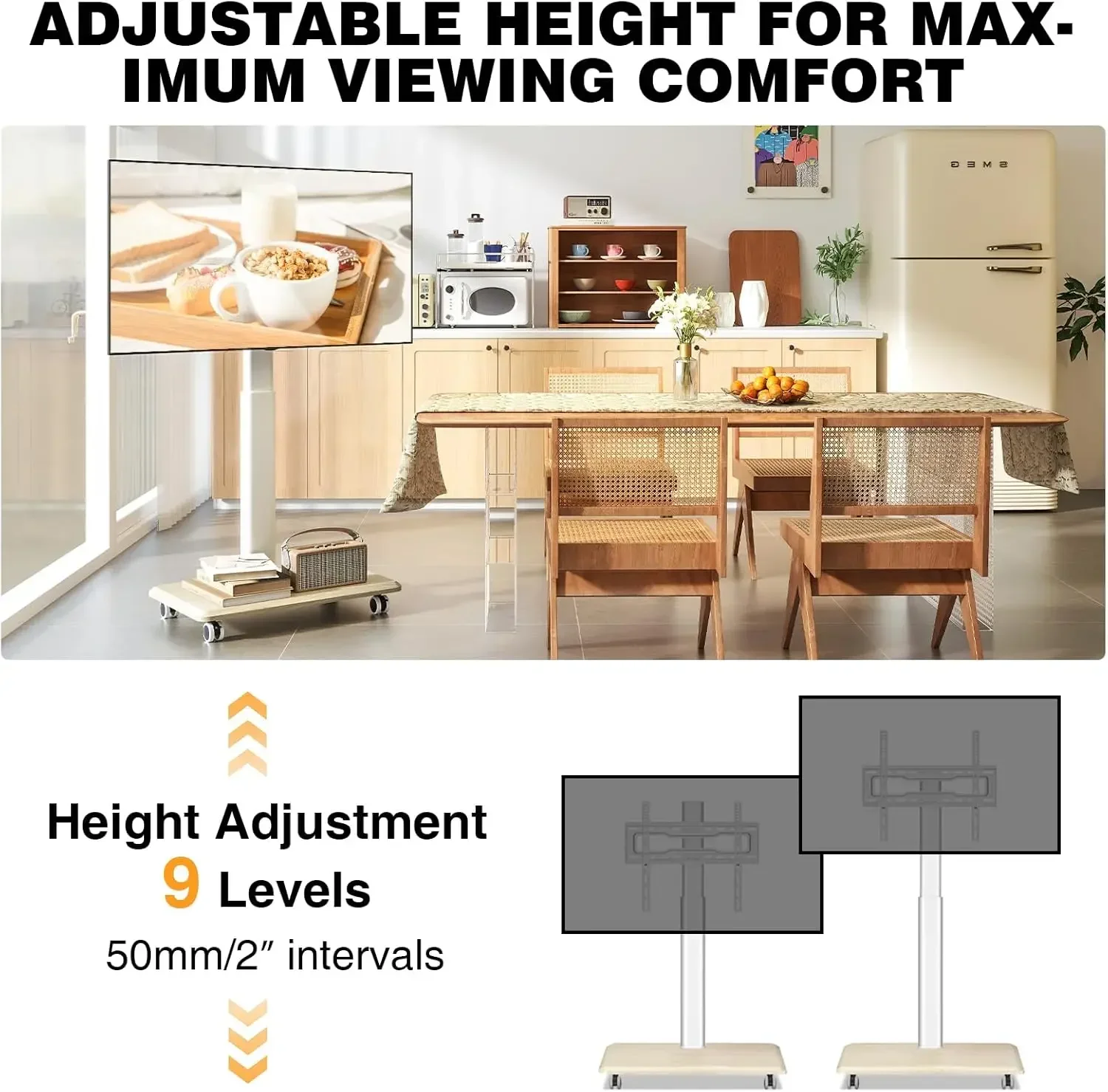 Rolling TV Stand for 32 to 65 70 Inch TVs, Elegant Floor TV Stand with Wheels, Mobile TV Cart with 9 Levels of Height Adjustment