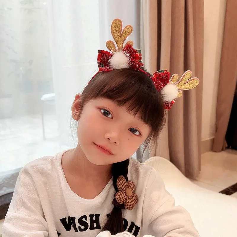 1Pc 2024 Christmas Hairband Hair Accessories New Deer Horn Bow Headwear Christmas Festival Sweet and Cute Headband Accessories