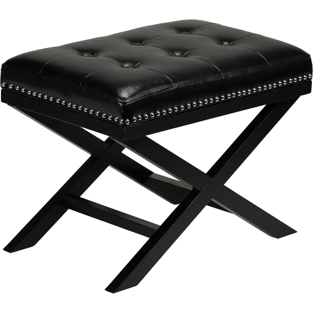 

Cortesi Home Kayla Traditional "X" Bench Vinyl Ottoman with Nailhead Trim Finish, Black
