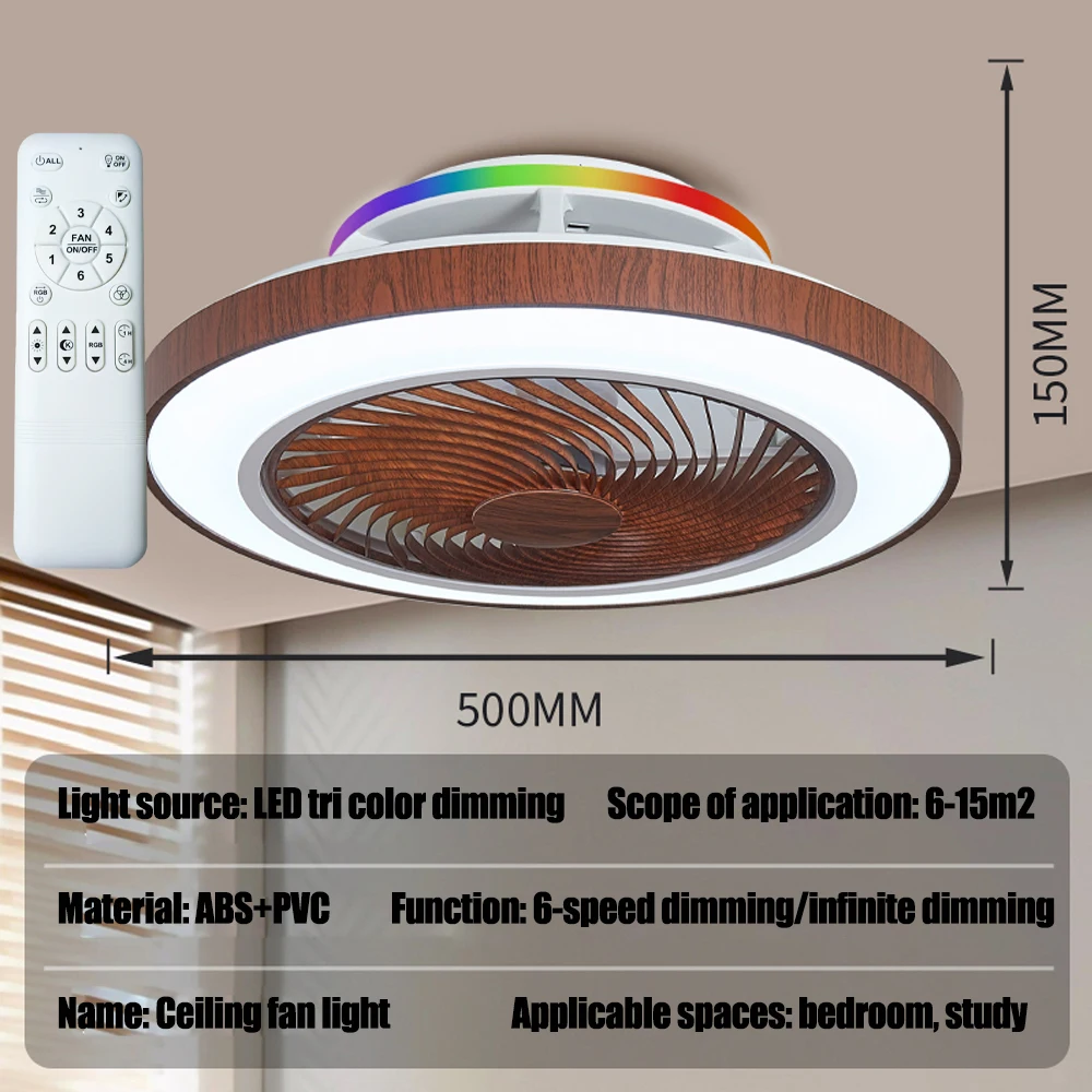 110V/220V RGB-plafondventilator met afstandsbediening, luchtgeleidingswiel – 6 snelheden instelbaar/traag dimbaar, stille ventilatorlamp voor de slaapkamer