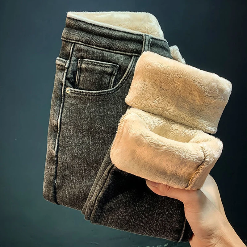 Thick Lambwool Pencil Jeans Women Winter Warm High Waist Ankle-Length Pants Big Size 25-34 Skinny Stretch Denim Trousers 2023
