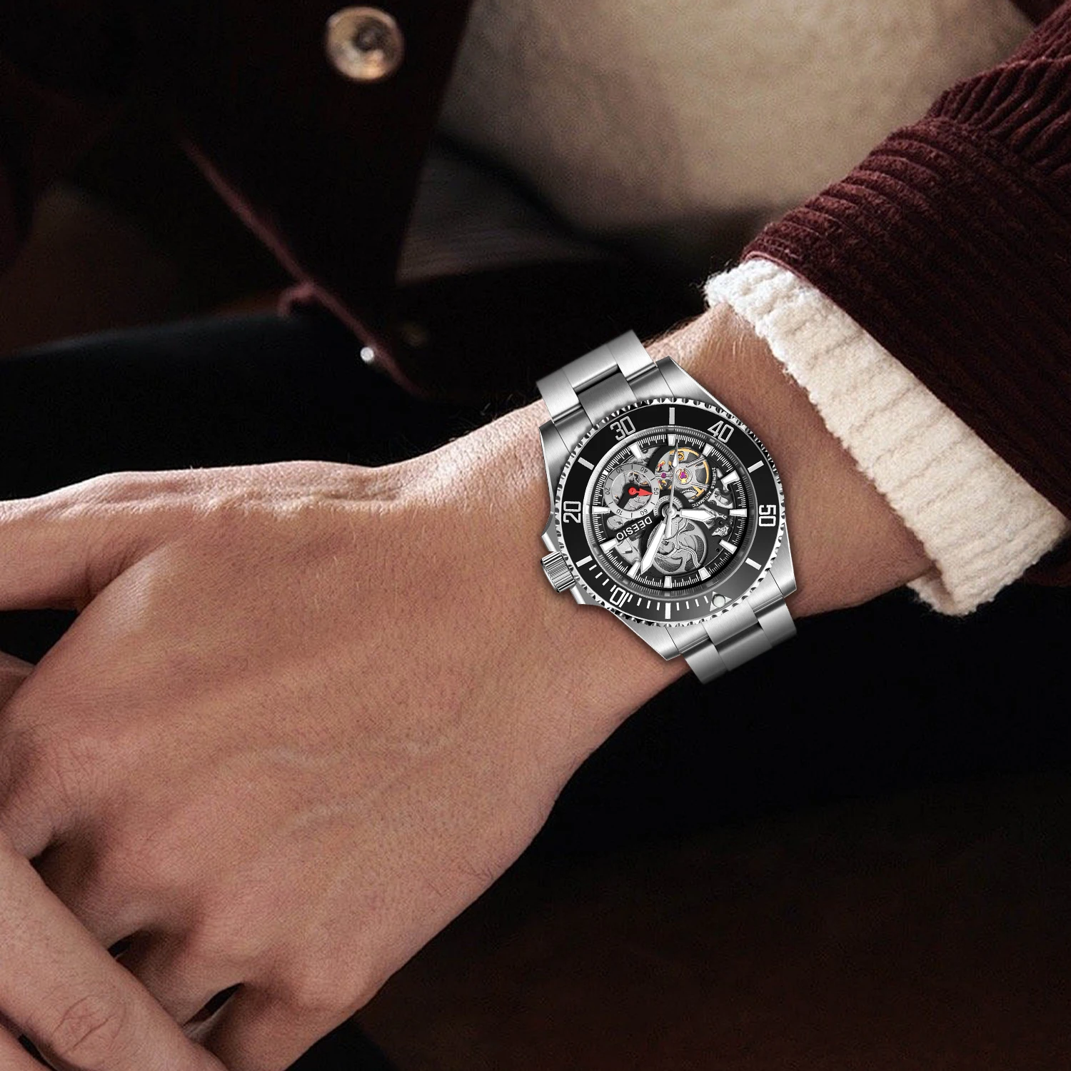 Deesio Orologio automatico da uomo nuovo Orologio da polso meccanico a carica automatica con cassa in acciaio inossidabile con cristallo di zaffiro resistente all'acqua