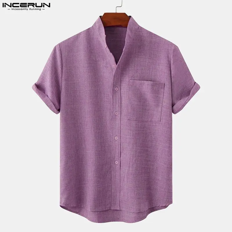 

INCERUN 2024 Men Shirt Solid Color Stand Collar Short Sleeve Streetwear Casual Men Clothing Summer Harajuku Leisure Shirts S-5XL