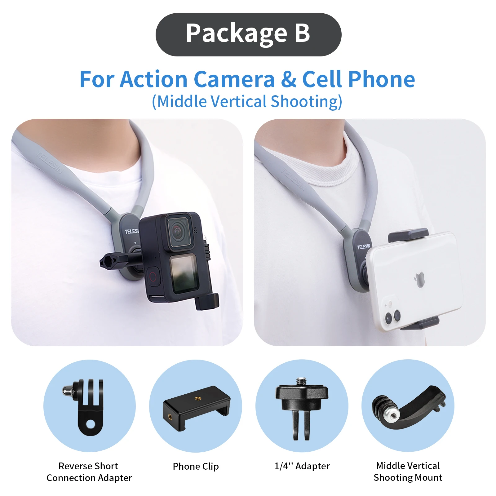 TELESIN Siliconen Neck Hold Mount voor GoPro Hero 13 12 11 10 9 8 Insta360 DJI Osmo Actie Smartphone Magnetische Actie accessoires