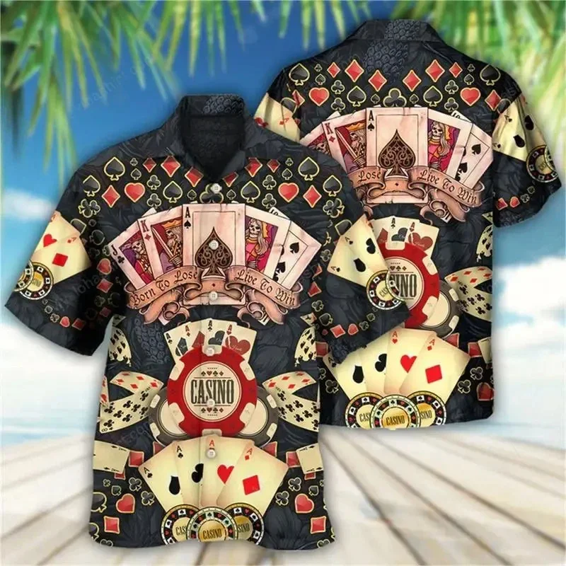 Camisa de Praia Masculina com Estampa de Dados de Poker de Cassino e Dinheiro, Camisa Havaiana com Estampa 3D, Blusa Feminina Solta de Manga Curta com