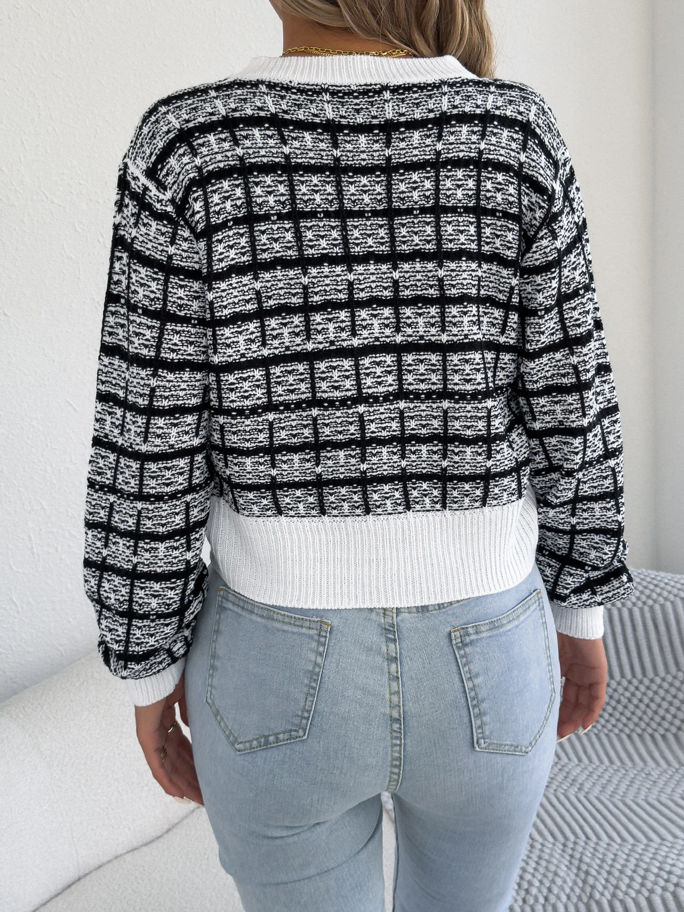 Plaid Colorblock Single Breasted Long Sleeve Knit Cardigan Casual Fall Winter