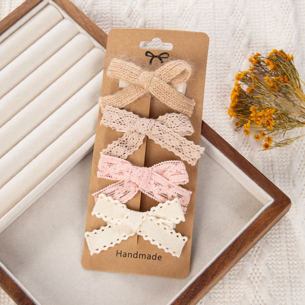 4Pcs/Set Baby Girls Hair Bows Clips Princess Ins Lace Hairpins Cloth Covered Safety Hairgrips Kids Headwear Hair Accessories