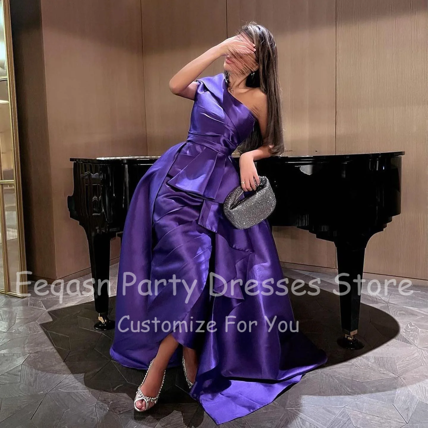 Eeqasn roxo uma linha de cetim vestidos de baile saudita árabe fenda um ombro plissados simples vestidos de noite feminino formal vestido de ocasião