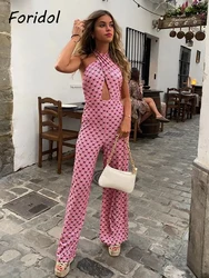 Foridol Geometric Print Summer summer Backless Jumpsuit Sleeveless Halter Wide Leg Pink Pants Overalls Front Cut Retro Jumpsuit