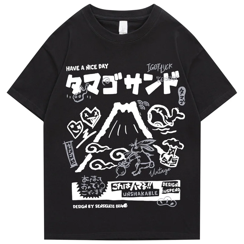 Men Tshirt Streetwear Japanese Kanji Cartoon Vocano Rabbit Graphic T-Shirt Harajuku Summer 2023 Cotton T Shirt Hip Hop Tops Tees