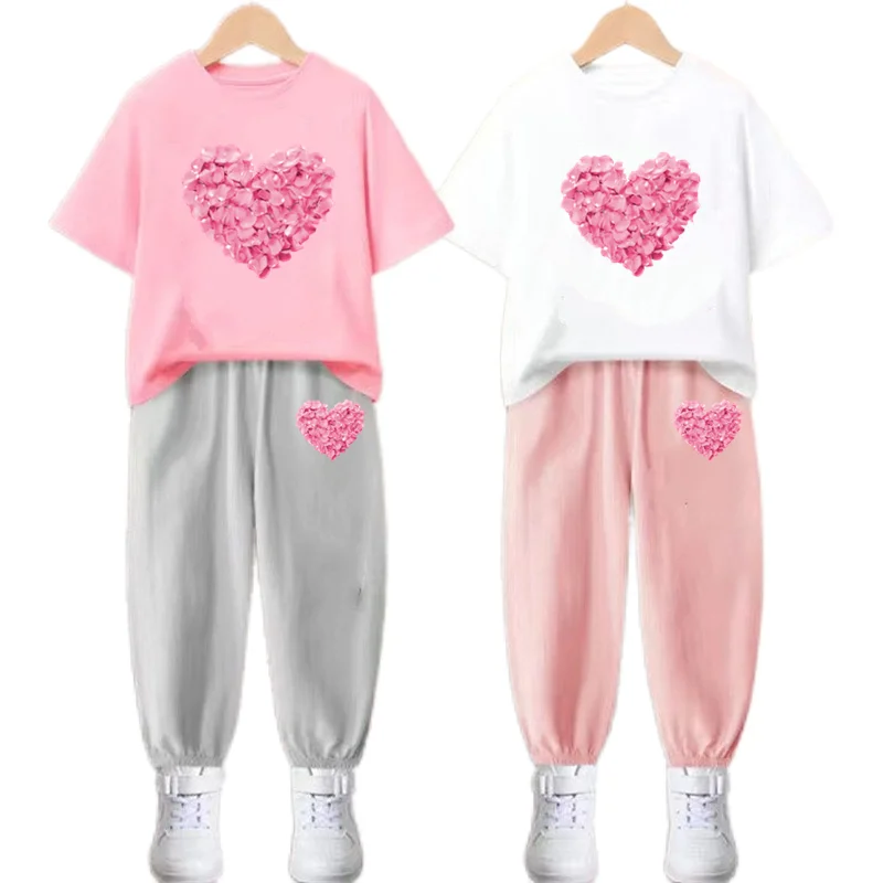 Children Clothing Sets Summer Baby Girls Flower Heart Short Sleeve T shirt+Pants 2pcs Suits Cotton Kids Clothes Outfits 3-14year