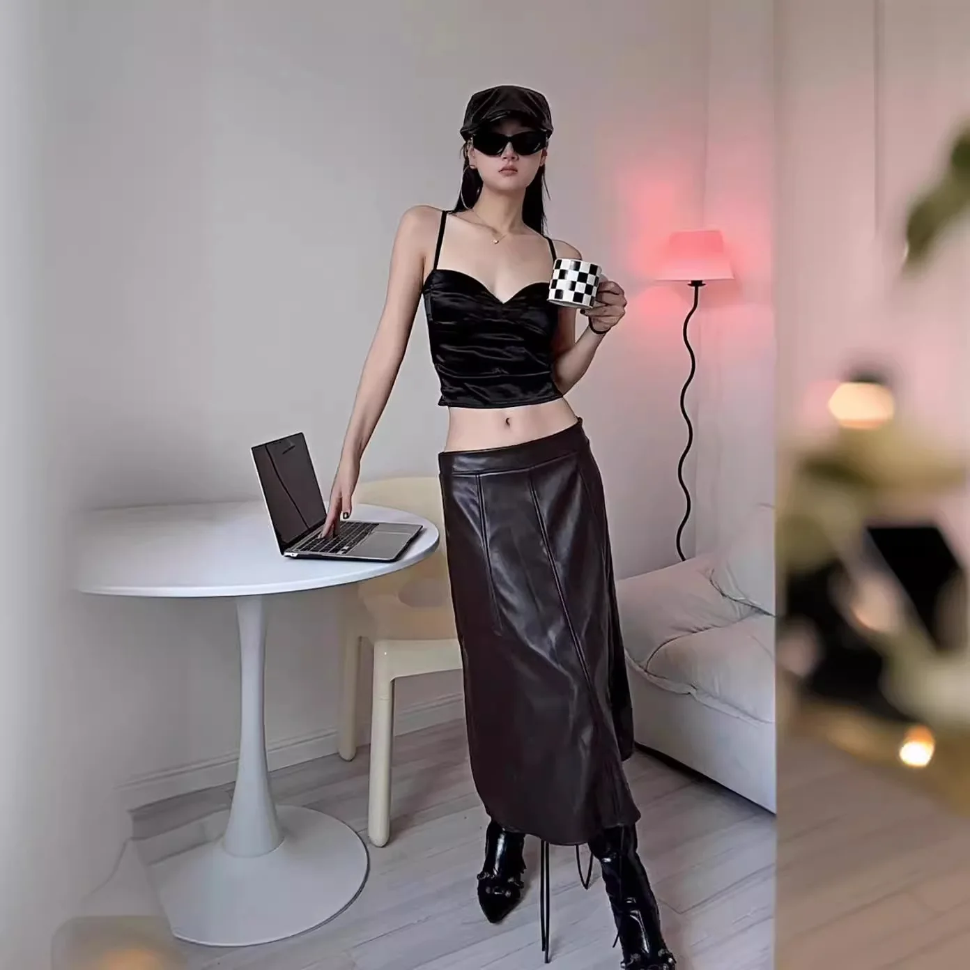 PU-leren rok A-vormige damesrok Nieuwe lange rok met hoge taille Paraplurok