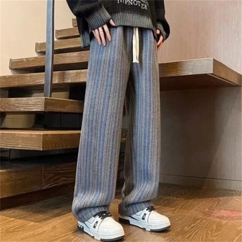 Autumn Striped Woolen Straight Leg Pants For Men Classic Y2K Vintage Baggy Trousers New Casual High Street Fashion Sweatpants