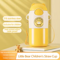 450ML Kids Cartoons Stainless Steel Straw Thermos Mug With Case Cartoon Leak-Proof Vacuum Flask Children Thermal Water Bottle