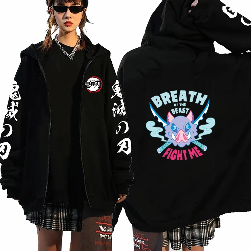 Harajuku Anime Demon Slayer Women Zip Hoodie Kamado Nezuko And Hashibira Inosuke Plus Size Zip Up Girl Boy Sweatshirts Pullover