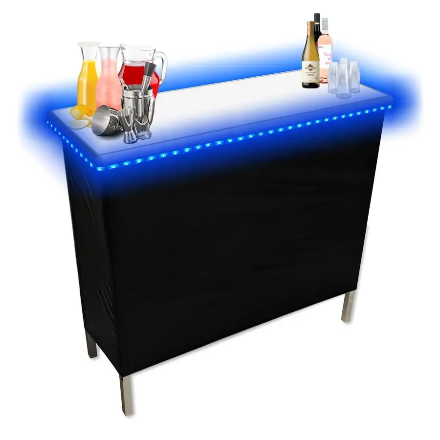 

Portable Party Bar w Patended LED Lights, Black amp Hawaiian Bar Skirts, Storage Shelf, amp Carrying Case