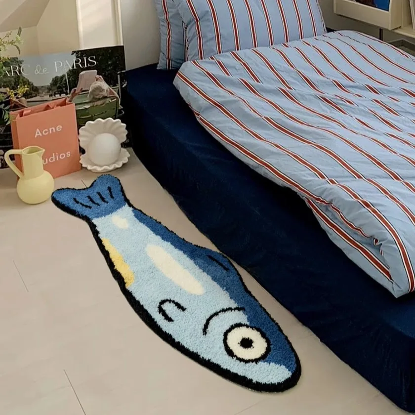 40*120cm Fun Blue Cartoon Salted Fish Carpet Soft And Washable Home Decor Children's Room Bedside Rug Non slip Tufted Foot Mat