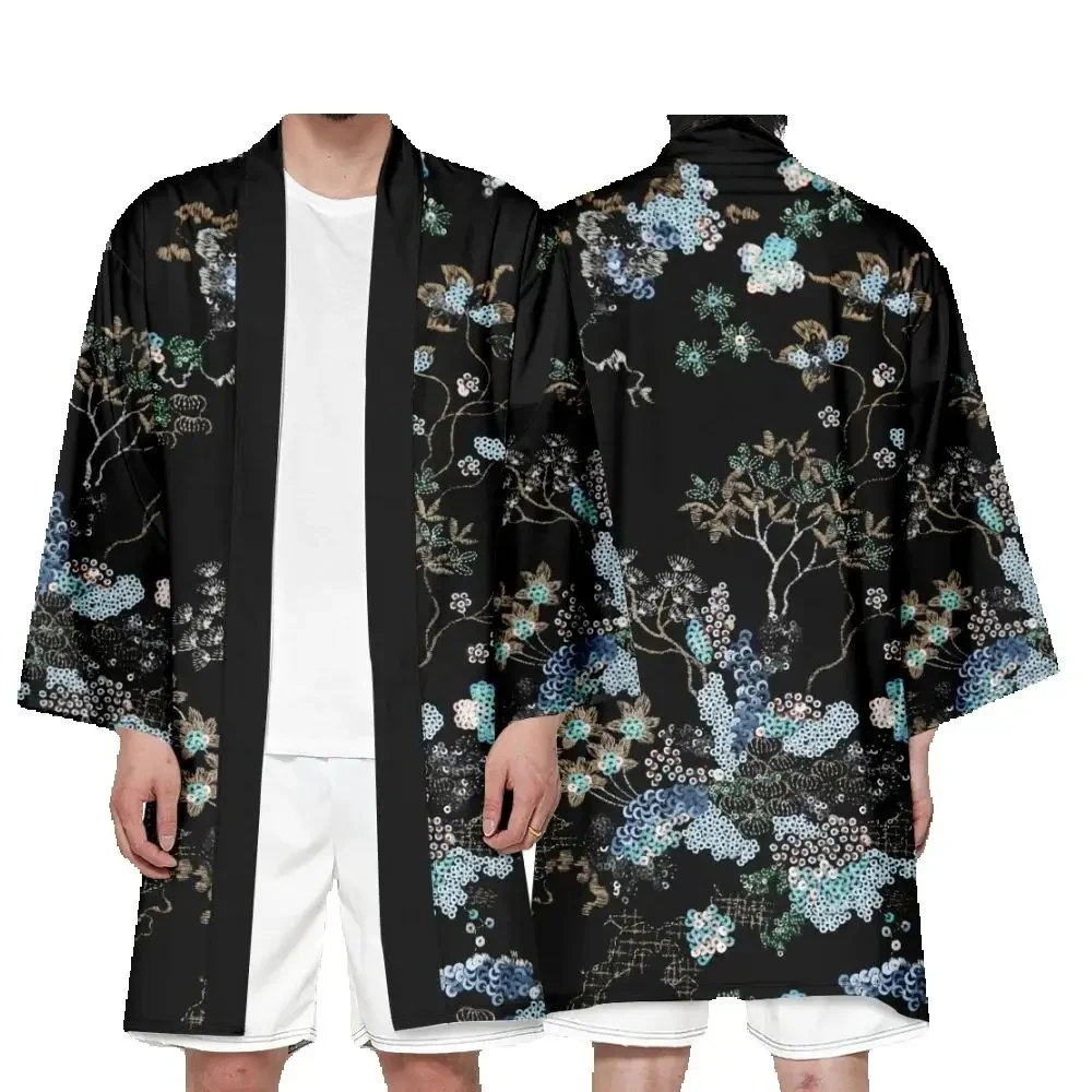 

Men's Japanese Long Kimono Cardigan Men's Samurai Costume Kimono Floral Pattern Kimono Shirt Yukata Outer Cover