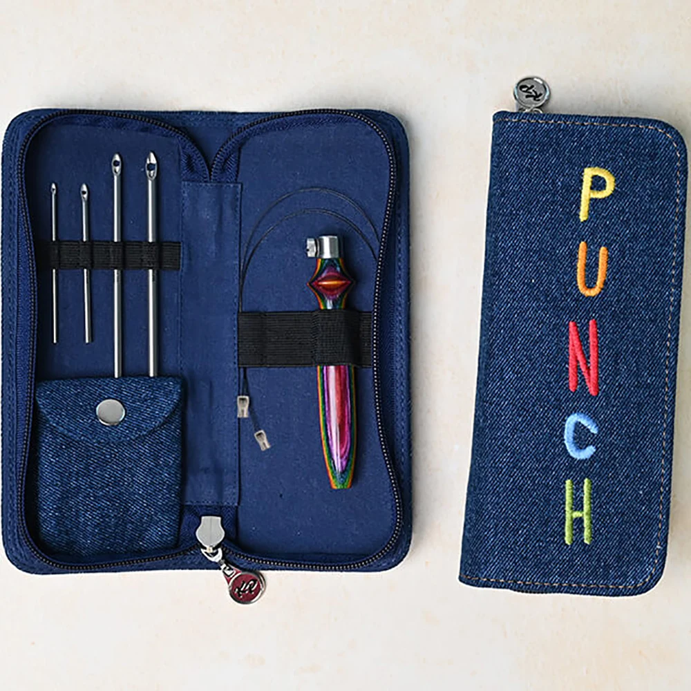 Knit Pro Vibrant Punch Needle Set, 1 manico in legno e 4 aghi, confezionato in custodia blu Denim per punzonatura artigianato fai da te con filati