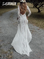 Vestido de novia bohemio romántico personalizado de manga larga, vestido de novia de playa sin espalda para mujer, vestido de novia con escote redondo 2025